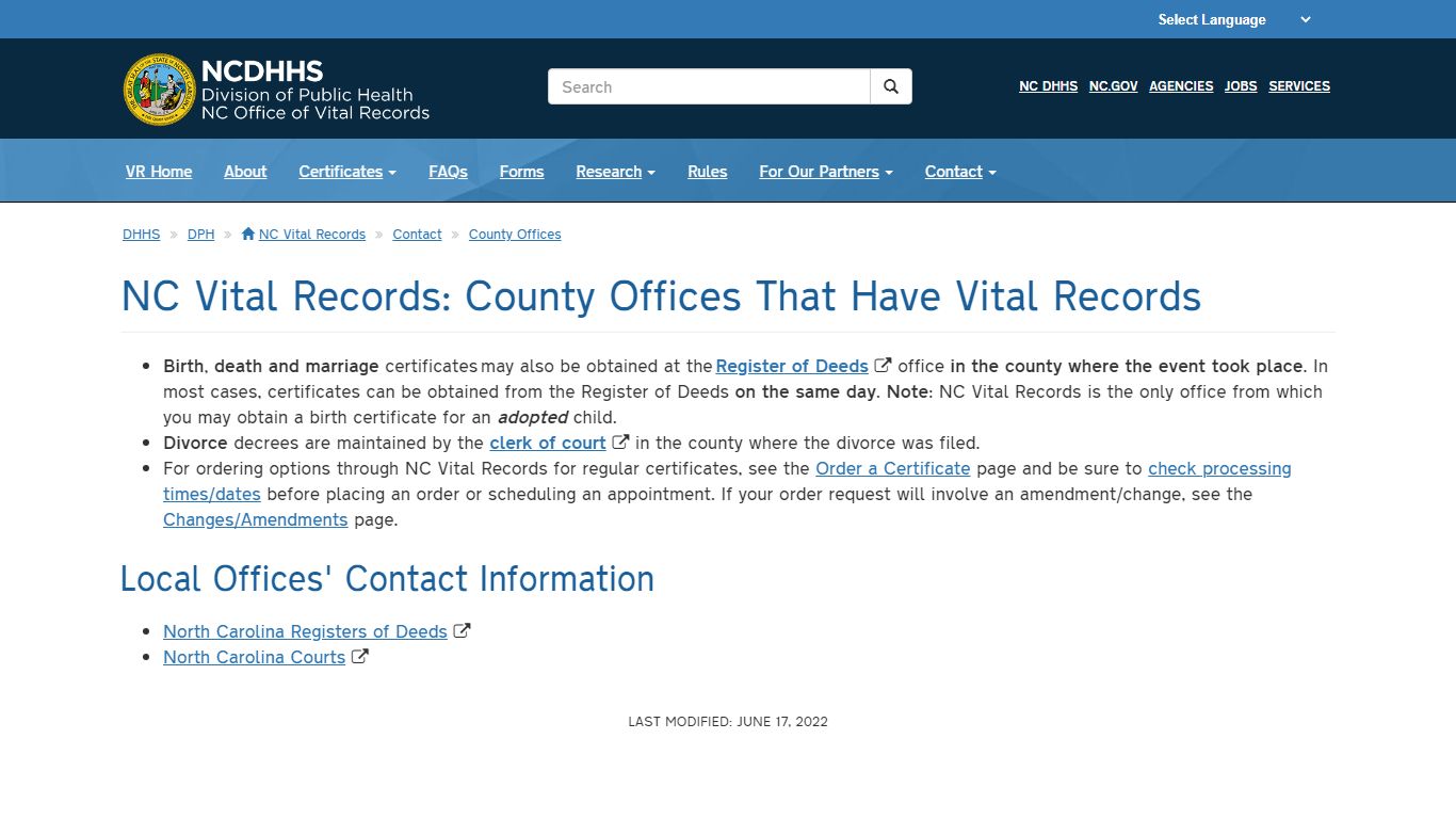 NC Vital Records: County Offices That Have Vital Records